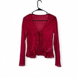 Red mesh long sleeve Fairy Grunge Tie Front Top Size M Whimsigoth Ruffle Sheer